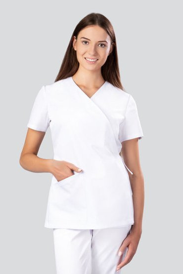 Bluză medicală cu cravate, 1 Buzunar, Select, stil kimono, alb. SE1000