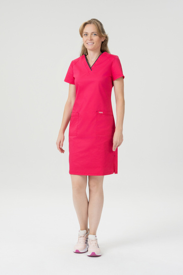 Rochie medicală, FLEX ZONE FZ2052, roz intens cu țevi albastru bleumarin.