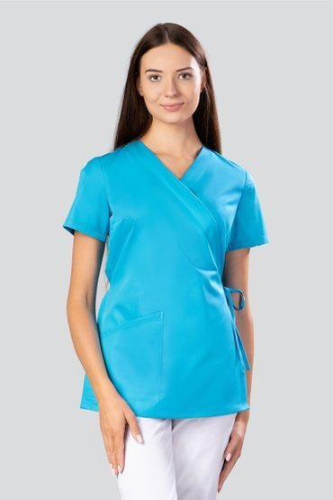 Bluza Medicală Legată, 1 Buzunar, Stil Kimono, Uniformix Select, SE1000, Azur.